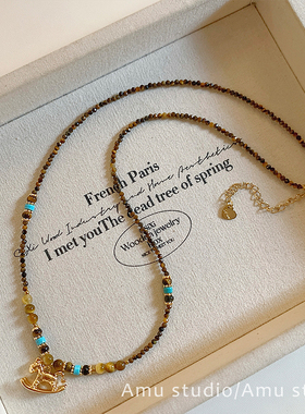 小众天然石串珠小马吊坠项链女高级感轻奢锁骨链颈链毛衣链配饰品