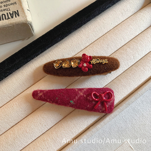 一对装高级感红色小熊水晶爱心发夹女甜美前额碎发BB夹侧边刘海夹