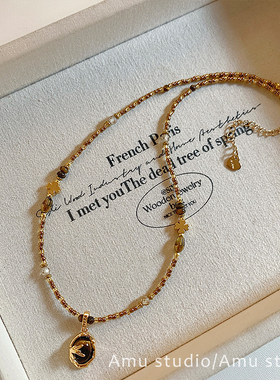 小众设计感串珠虎眼石吊坠项链女高级感轻奢锁骨链毛衣链颈链配饰