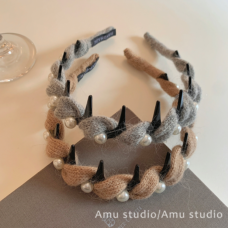 韩系秋冬甜美毛线针织麻花珍珠带齿防滑发箍女高颅顶头箍发卡头饰