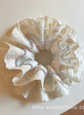 韩国新款甜美蓝色花朵蕾丝双层大肠发圈少女扎头发丸子头发绳头绳