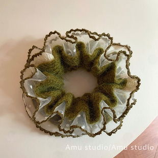 韩系温柔蕾丝花边毛线针织双层大肠发圈女扎头发丸子头低马尾发绳