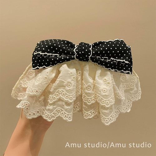 韩系波点蝴蝶结蕾丝裙摆弹簧夹发夹女甜美后脑勺盘发发卡顶夹头饰