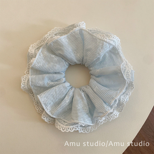 浅蓝色条纹双层蕾丝大肠发圈女清新扎头发丸子头发绳侧低马尾头绳