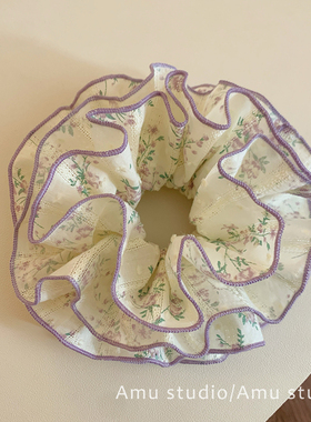 甜美紫色碎花双层大肠发圈方巾方形发绳扎头发侧低马尾头绳发饰品