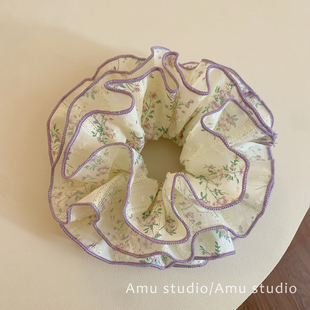 甜美紫色碎花双层大肠发圈方巾方形发绳扎头发侧低马尾头绳发饰品