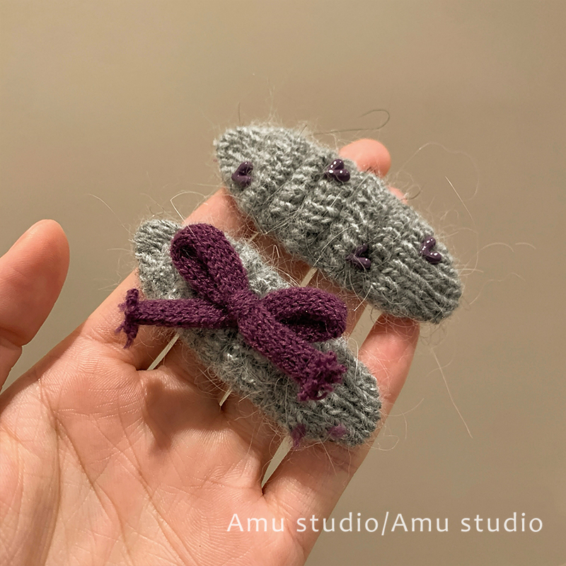 一对装~秋冬毛线针织爱心蝴蝶结发夹女前额碎发BB夹侧边刘海边夹