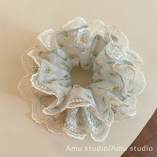 浅蓝色碎花蕾丝双层大肠发圈女甜美扎头发丸子头发绳侧低马尾头绳