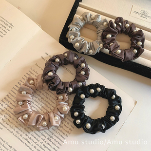 高级感缎面珍珠小号大肠发圈女甜美扎头发丸子头发绳头绳皮筋发饰