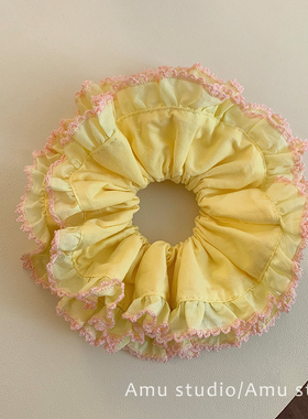 韩系黄色加大号流苏花边双层大肠发圈女扎头发丸子头皮筋发绳头绳