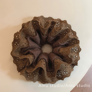 咖啡色羊毛针织毛线蕾丝花边双层大号大肠发圈女扎头发丸子头发绳