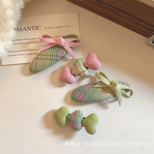 一对装韩国新款格纹爱心蝴蝶结发夹女甜美前额碎发BB夹侧边刘海夹