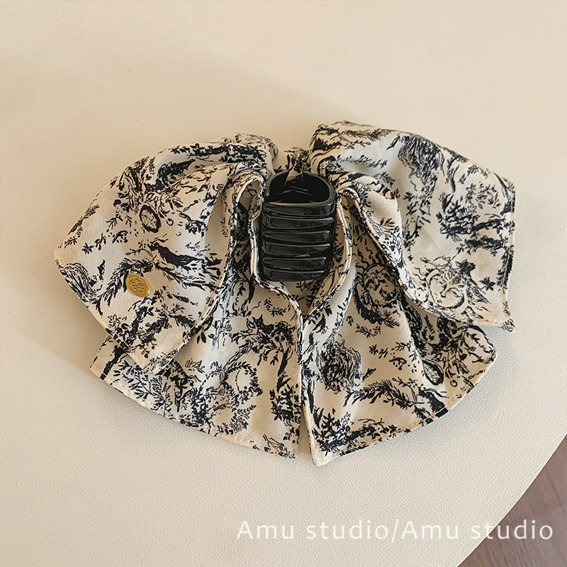 新中式复古印花大蝴蝶结马尾抓夹女气质半扎发盘发鲨鱼夹发夹发卡