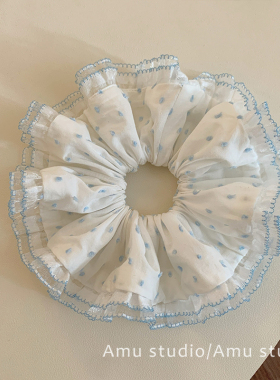 蓝色波点蕾丝花边大肠发圈少女甜美扎头发丸子头发绳头绳皮筋发饰