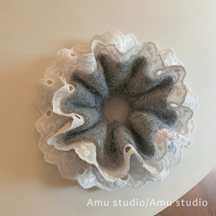 大号灰色毛线针织蕾丝花边双层大肠发圈少女甜美扎头发丸子头发绳