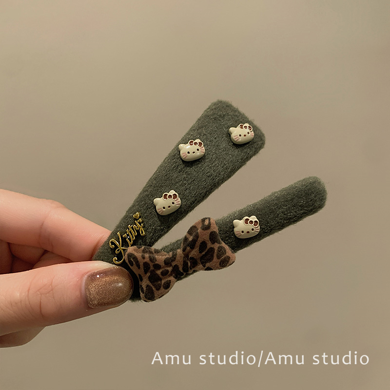 可爱卡通kt猫咪豹纹蝴蝶结发夹女侧边刘海边夹前额碎发BB夹一字夹
