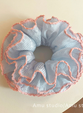 韩系浅蓝色条纹粉色花边四层大肠发圈女扎头发丸子头发绳头绳发饰