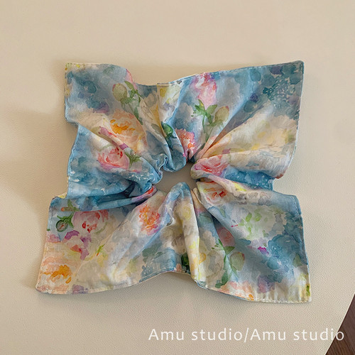 浪漫油画方巾大肠发圈女甜美侧低马尾发绳扎头发皮筋头绳头花发饰