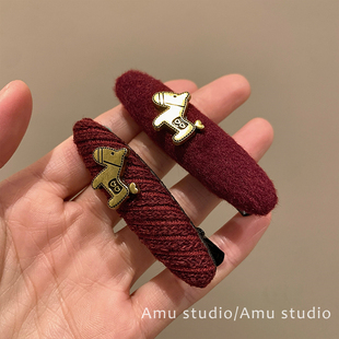 一对装~新年红色毛呢小马发夹女甜美前额碎发BB夹侧边刘海夹边夹