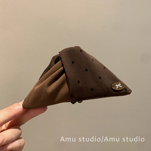 咖啡色波点布艺三角贝壳抓夹女气质后脑勺盘发鲨鱼夹发夹发卡头饰