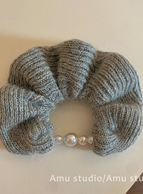 高级感灰色毛线针织珍珠大肠发圈女韩系气质扎头发丸子头发绳头绳