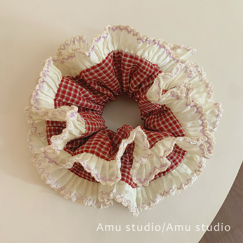 甜美蕾丝花边格纹双层大号大肠发圈少女扎头发丸子头发绳头绳发饰