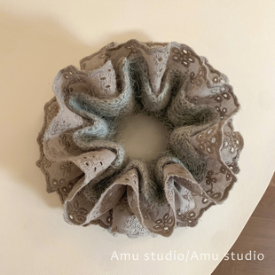 秋冬灰色毛线针织蕾丝花边双层大肠发圈甜美扎头发丸子头发绳头绳