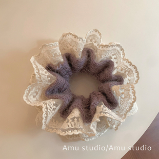 韩系甜美紫色毛线针织蕾丝花边双层大肠发圈少女扎头发丸子头发绳