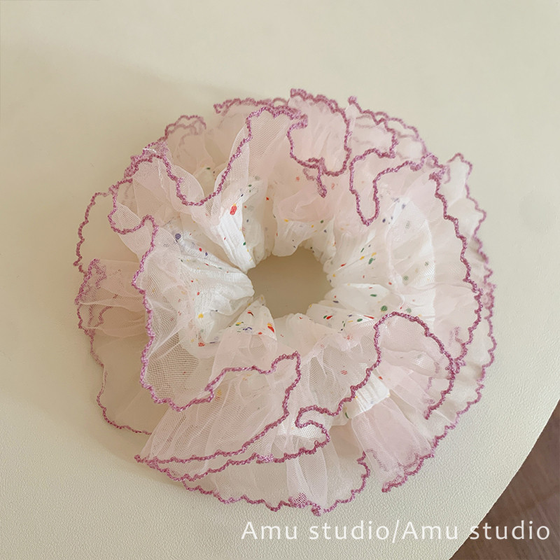 韩系甜美彩色点点网纱蕾丝花边双层大肠发圈少女扎头发丸子头发绳