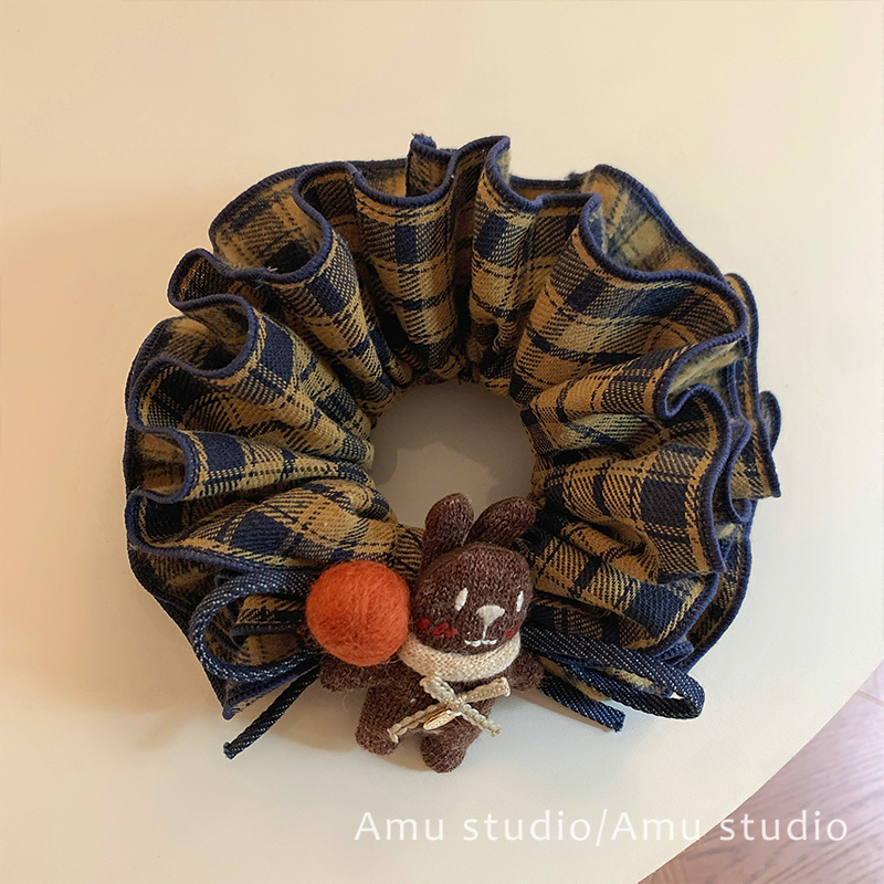 韩系格纹双层玩偶蝴蝶结大肠发圈女气质扎头发丸子头发低马尾头绳