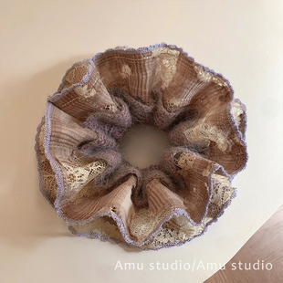 温柔紫色羊毛针织毛线蕾丝花边双层大肠发圈少女扎头发丸子头发绳