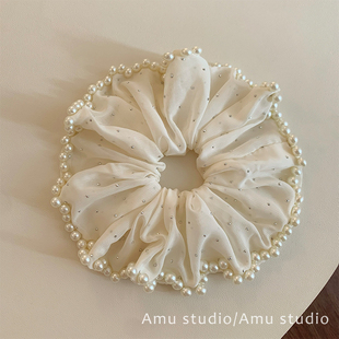 高级感珍珠满天星水钻网纱大肠发圈女甜美扎头发侧低马尾发绳头绳