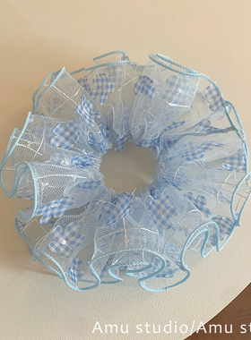 法式小清新蓝色花朵格纹大肠发圈女双层网纱扎发绳皮筋甜美风头绳