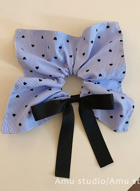 蓝色条纹爱心蝴蝶结方巾大肠发圈女韩系方形扎头发低马尾发绳头绳