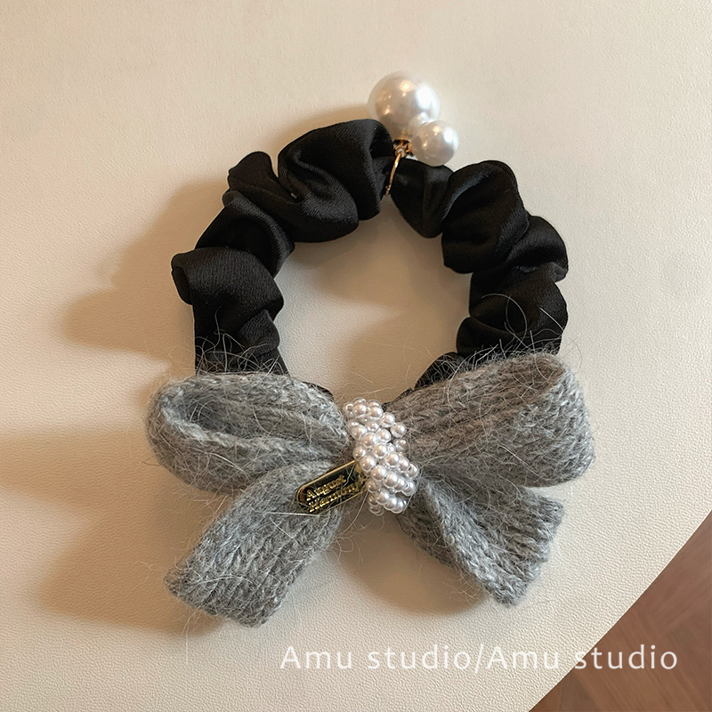 灰色羊毛针织蝴蝶结珍珠大肠发圈女甜美扎头发丸子头发绳头绳皮筋