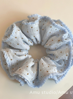 韩国新款甜美浅蓝色波点双层大肠发圈女韩系扎头发丸子头发绳头绳