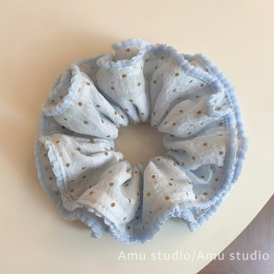 韩国新款甜美浅蓝色波点双层大肠发圈女韩系扎头发丸子头发绳头绳