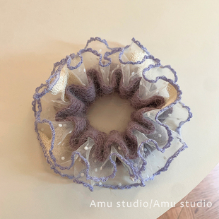 秋冬温暖紫色毛线针织蕾丝花边双层大肠发圈甜美扎头发丸子头发绳