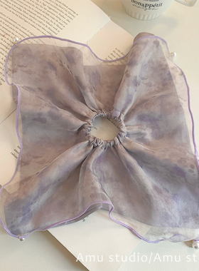 优雅紫色网纱双层方巾大肠发圈女气质方形扎头发侧低马尾发绳头绳