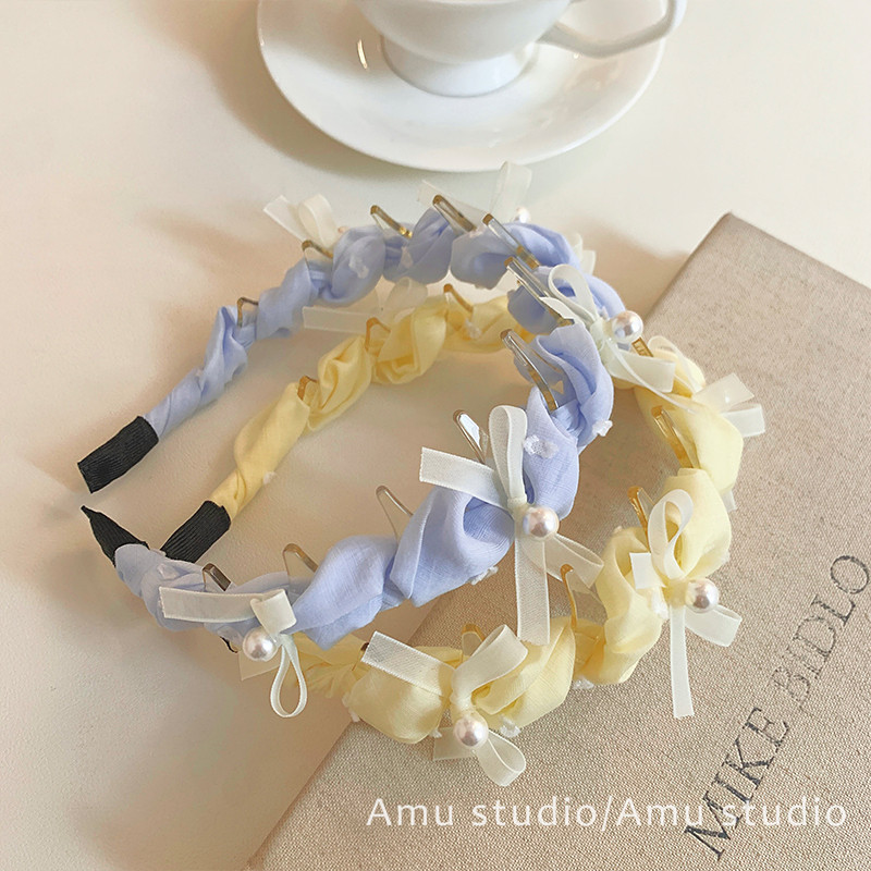 韩系甜美布艺编织麻花珍珠蝴蝶结带齿防滑发箍女增高颅顶头箍发卡