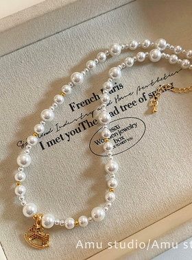 本命年小马吊坠珍珠串珠项链女2025新款高级感轻奢小众毛衣链配饰