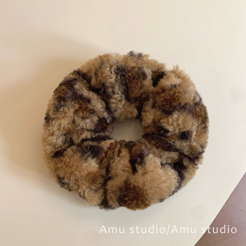 韩国秋冬羊羔毛绒豹纹大肠发圈女韩系气质扎头发丸子头低马尾发绳