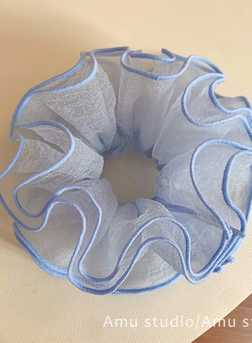 韩国新款薄款蓝色网纱四层大肠发圈女韩系扎头发丸子头低马尾发绳