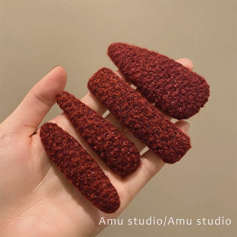 韩系秋冬粗毛呢红色发夹女甜美前额碎发BB夹侧边刘海边夹发卡头饰