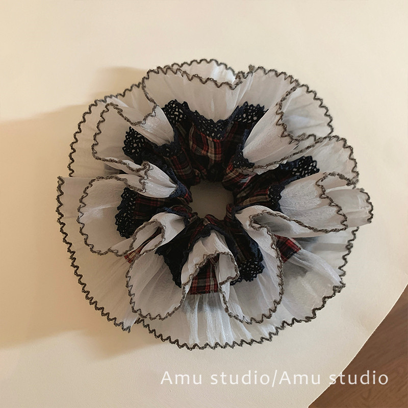 学院风格纹双层布艺大肠发圈女气质扎头发丸子头发绳头绳皮筋发饰