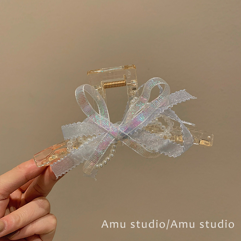 韩系甜美丝带珍珠蝴蝶结抓夹女气质后脑勺盘发鲨鱼夹发量多发夹