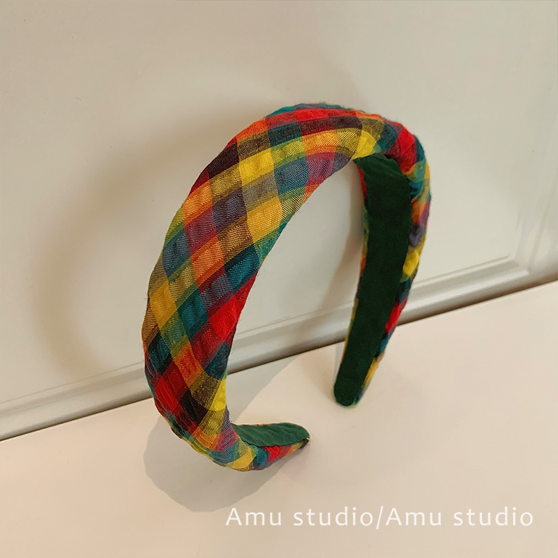 彩色菱格子宽边发箍女高颅顶压发头箍网红百搭外出发卡发捆头饰品