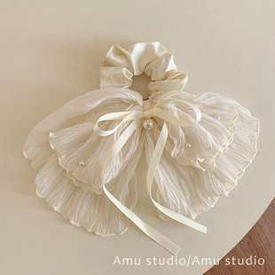 米色蝴蝶结飘带珍珠大肠发圈女韩系超仙扎头发低马尾发绳头绳皮筋