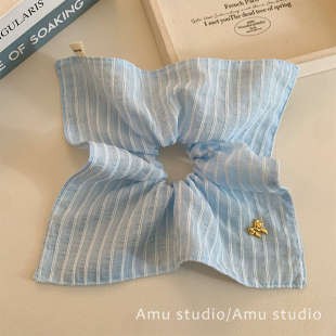 韩系清新蓝色条纹方巾大肠发圈女方形扎头发皮筋侧低马尾发绳头绳