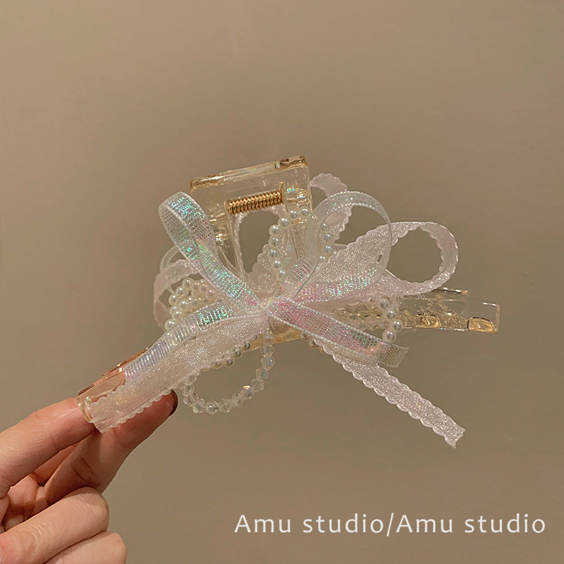 甜美丝带珍珠蝴蝶结抓夹女2026新款气质后脑勺盘发鲨鱼夹发夹发卡